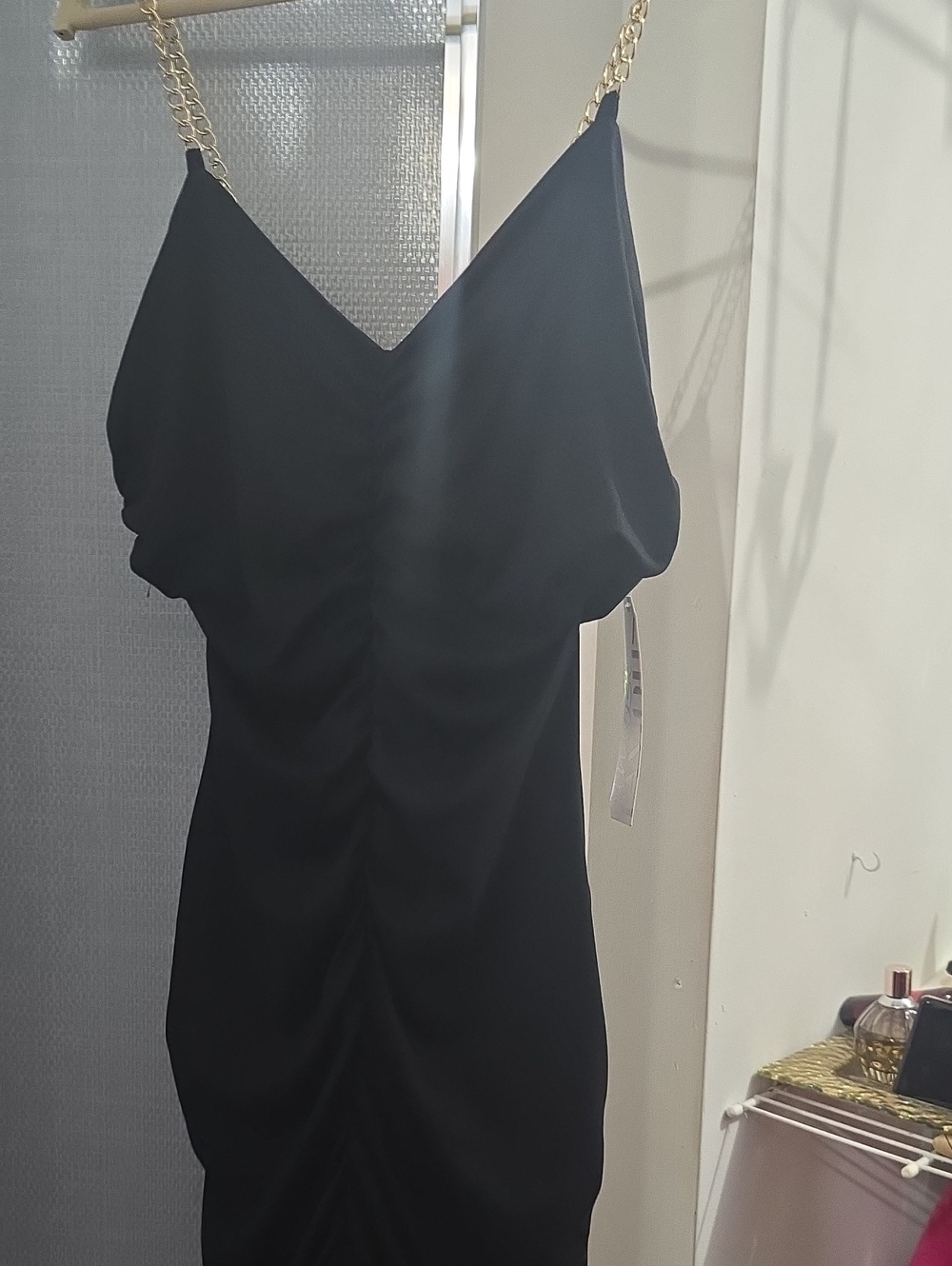 Kohl's Black Strapless Ruched Slip Dress with Gold Chain Straps